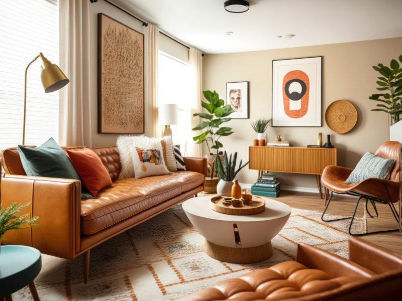 living room Mid Century style with warm colors. Ai generative